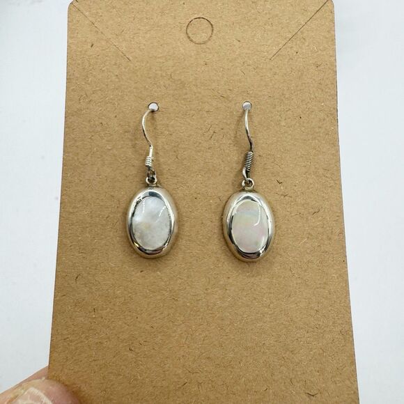 Vintage Mexican Sterling Silver Oval Mother Of Pearl Inlay Dangle Drop Earrings - Picture 3 of 14